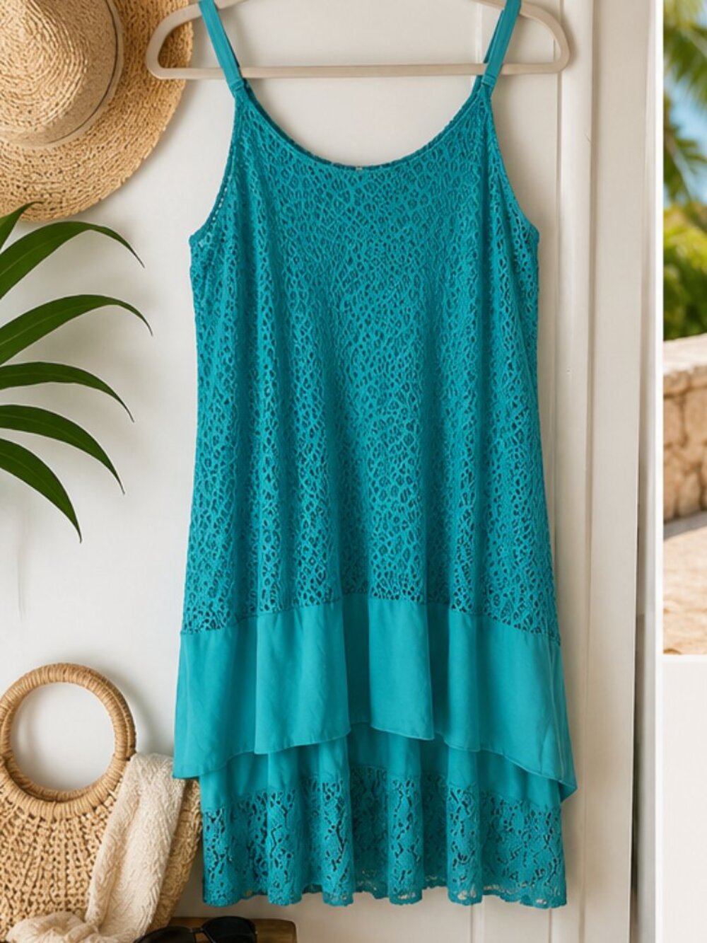 Kenar Turquoise Layered Lace Tank Dress M Resort Vacation Beach Cover Up Coastal
